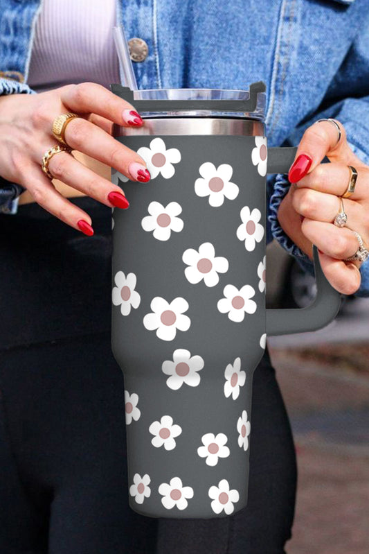 Floret Print Stainless Tumbler With Lid And Straw
