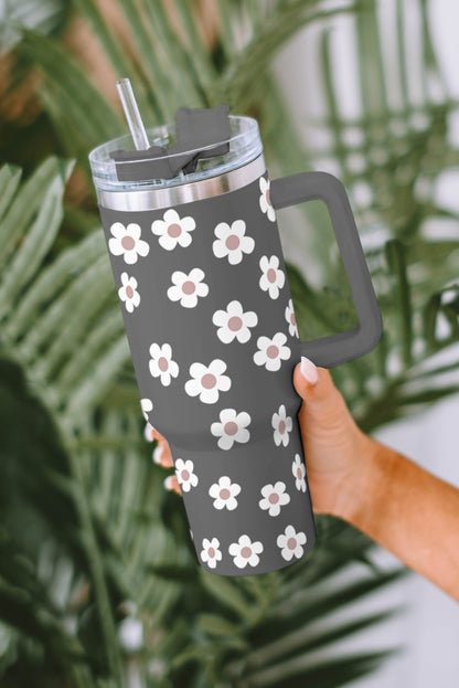 Floret Print Stainless Tumbler With Lid And Straw