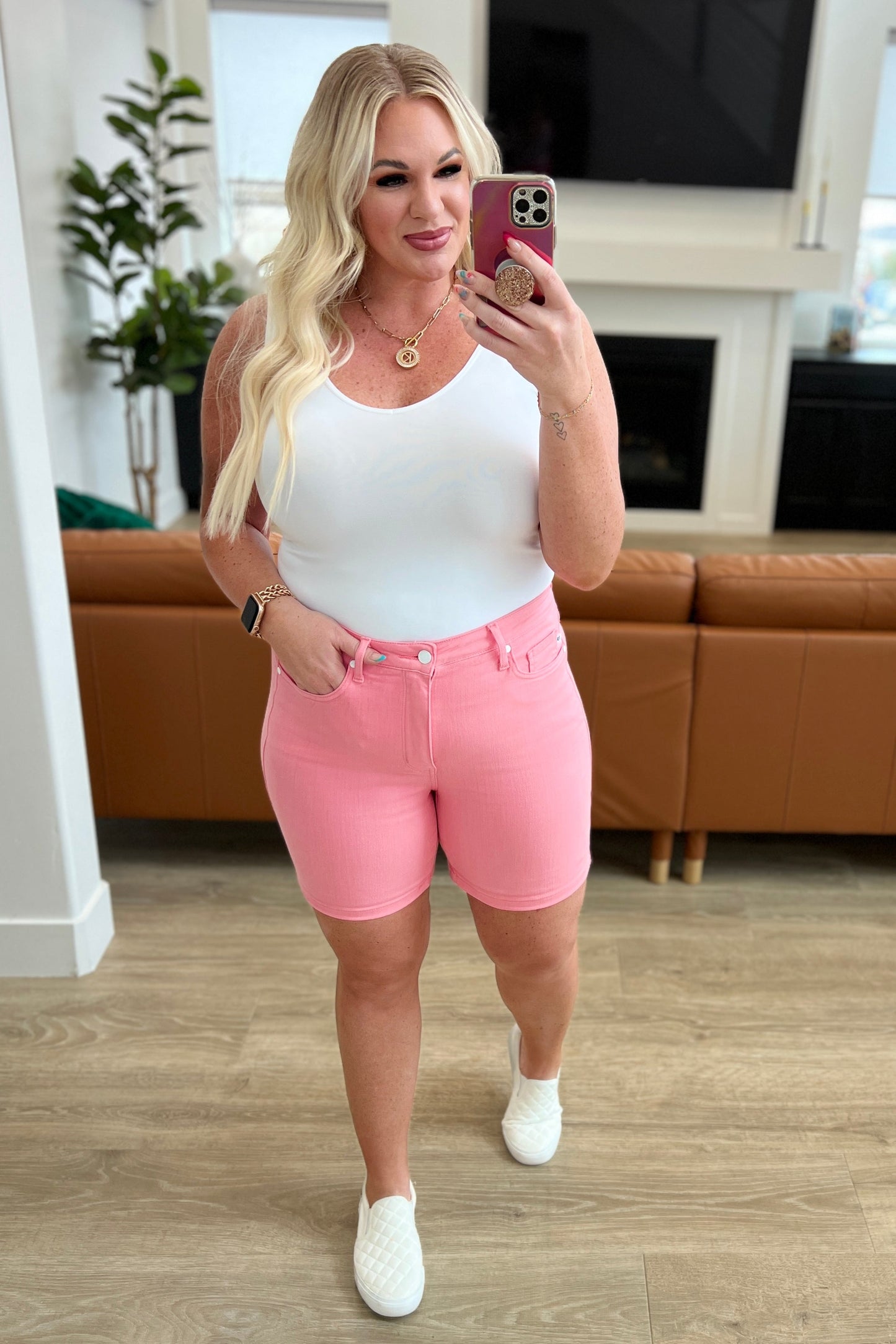Jenna High Rise Control tummy Cuffed Shorts in Pink