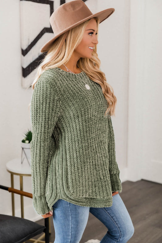 Green Long Sleeve Round Hem Cable Knit