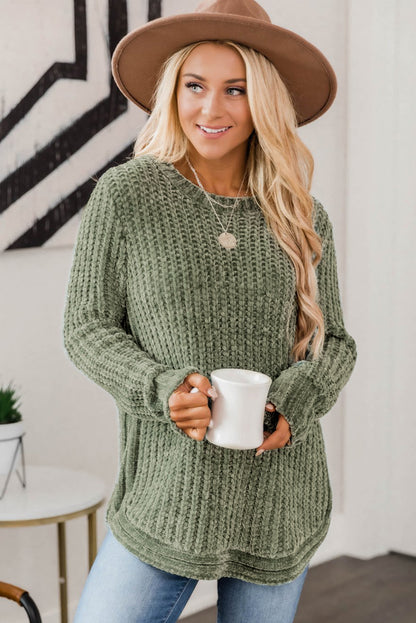Green Long Sleeve Round Hem Cable Knit