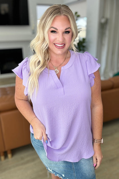 Crinkle Split Neckline Flutter Sleeve Top in Lavender