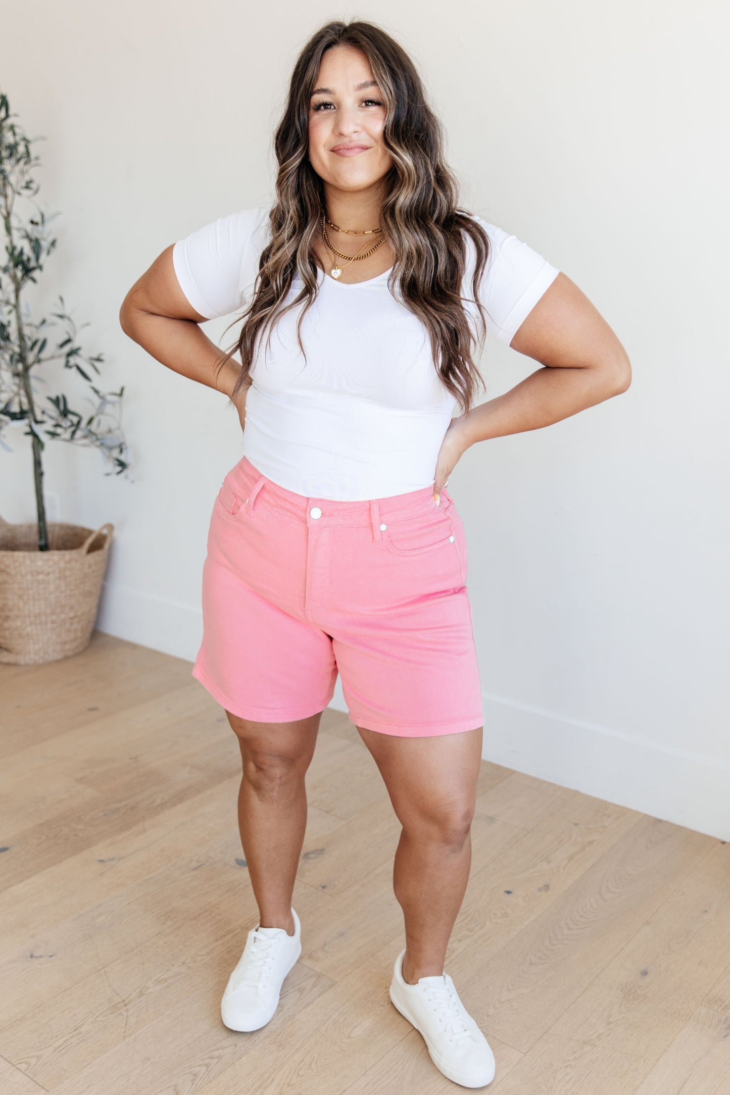 Jenna High Rise Control tummy Cuffed Shorts in Pink