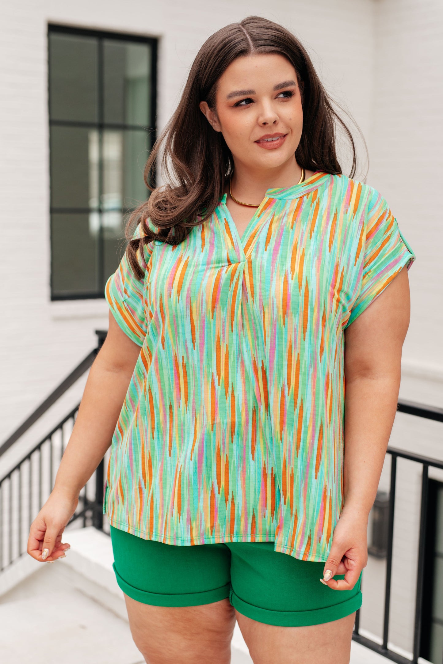 Lizzy Cap Sleeve Top in Lime and Emerald Multi Stripe