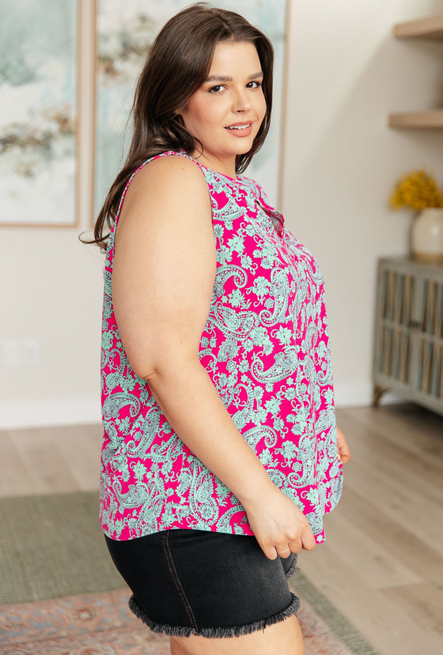 Lizzy Tank Top in Pink and Mint Paisley